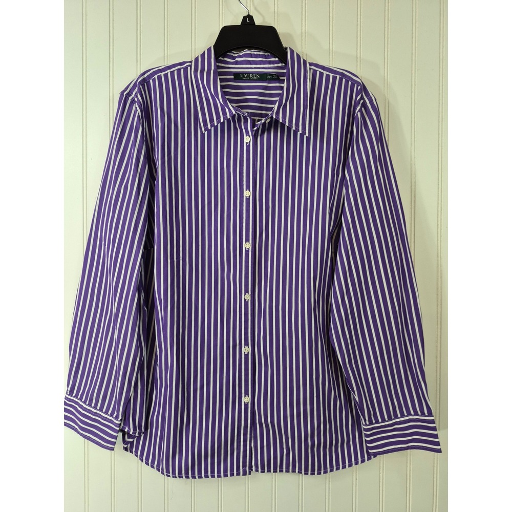 NWOT Lauren Ralph Lauren Purple White Striped Button Down Shirt Women 20W Cotton